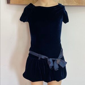 Brand Tag Cut Off  Girls Navy Velvet Bubble Dress with Broche Bow and Tie Size 7